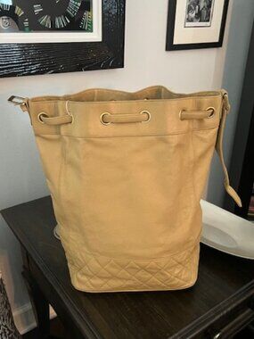 Vintage Chanel Camel Caviar Leather Bucket Backpack / Shoulder Bag Large CC Logo